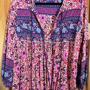 Long Sleeve Floral Print Retro V Neck Tassel Bohemian Midi Dress